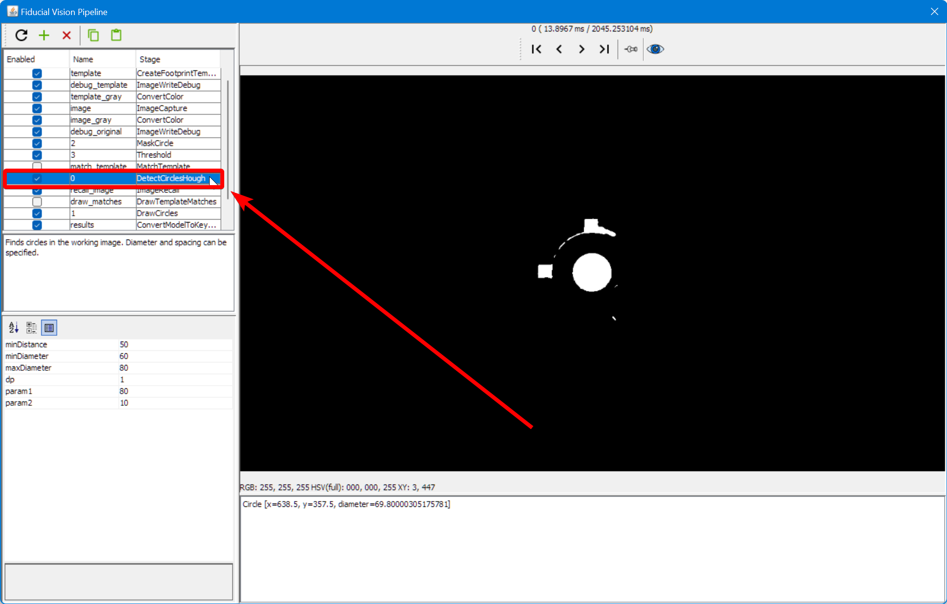 Select the detect circles stage