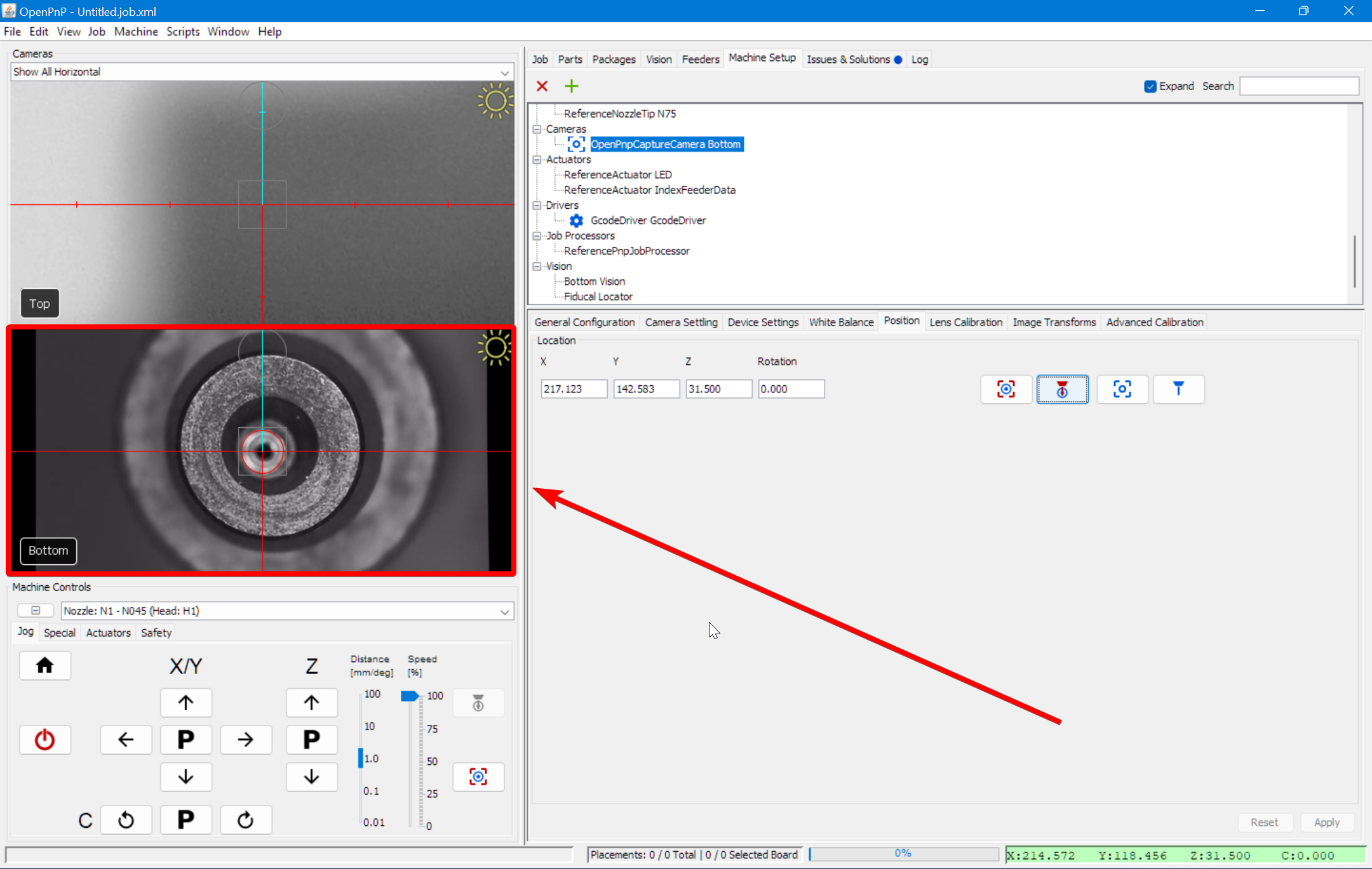 Position the toolhead over the bottom camera precisely
