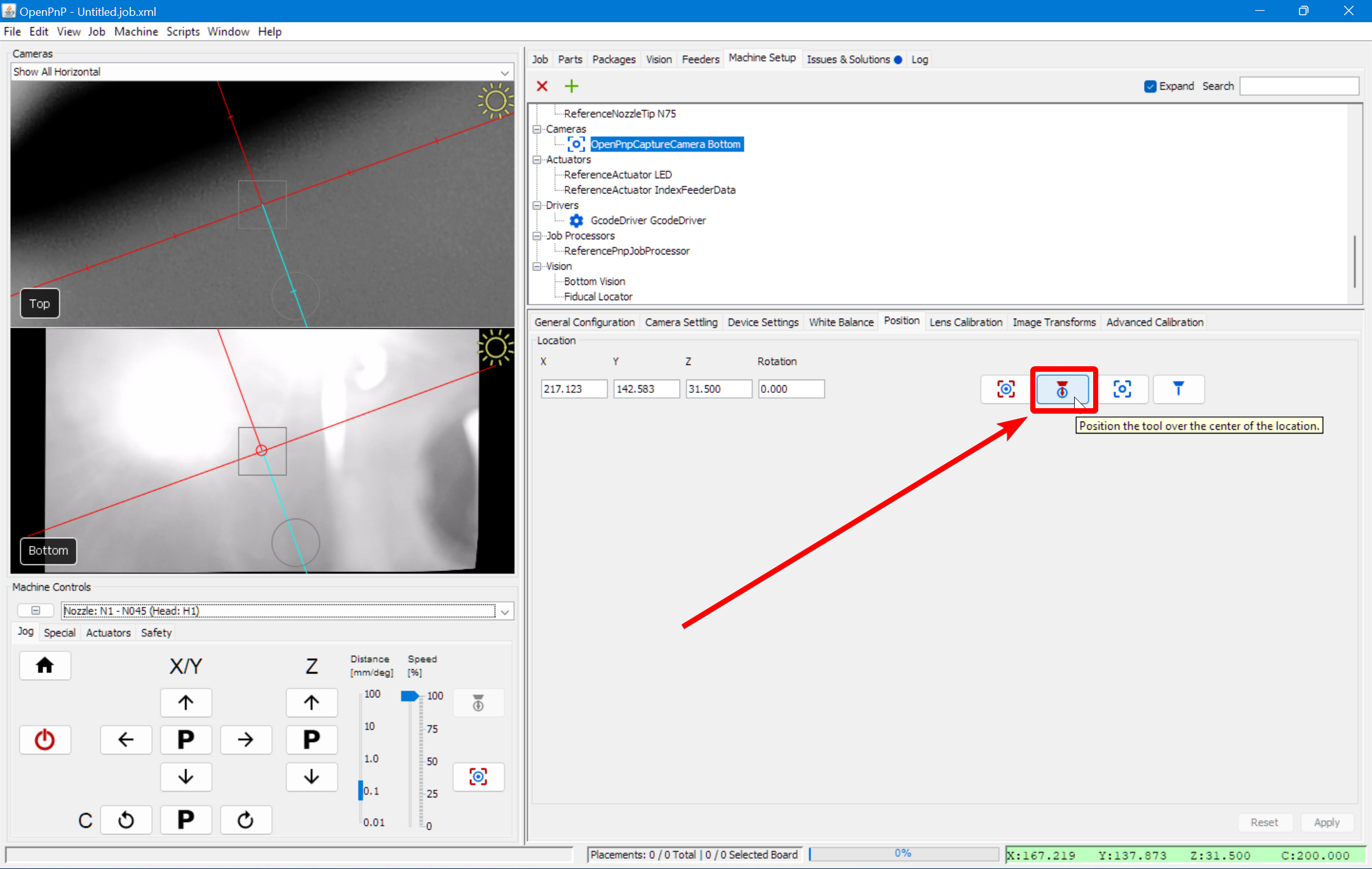 Position the toolhead over the bottom camera
