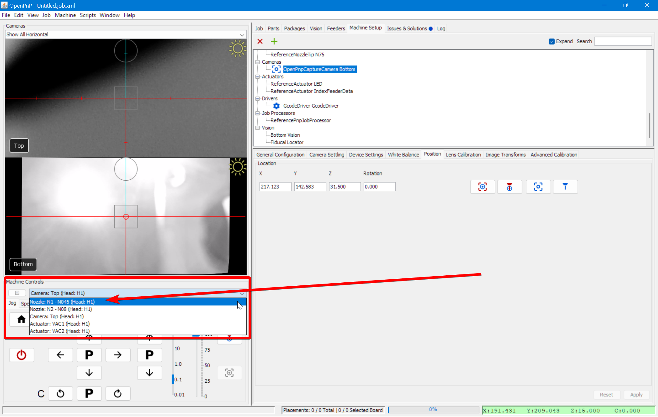 Select nozzle from machine control dropdown