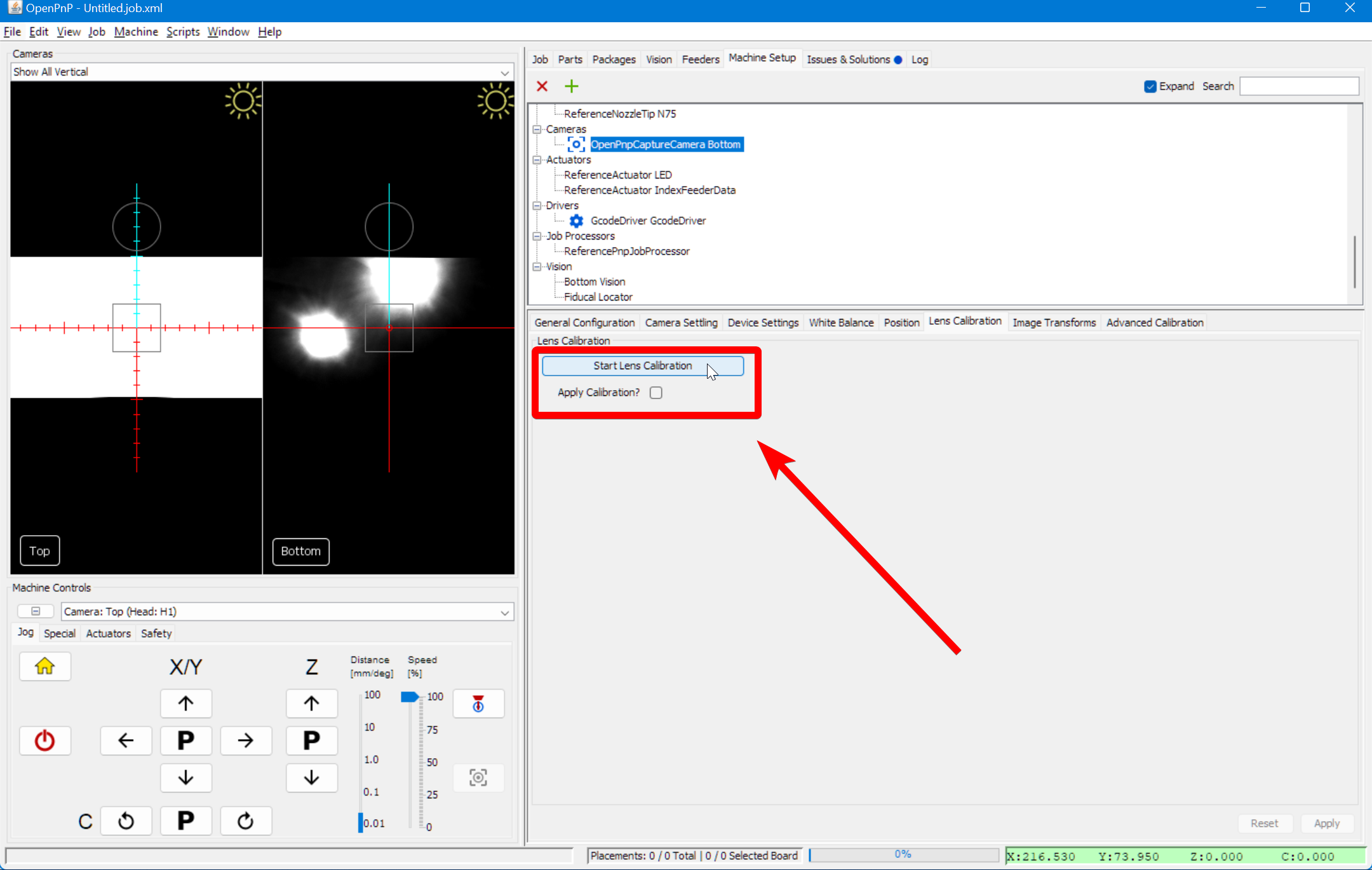Starting bottom camera lens calibration