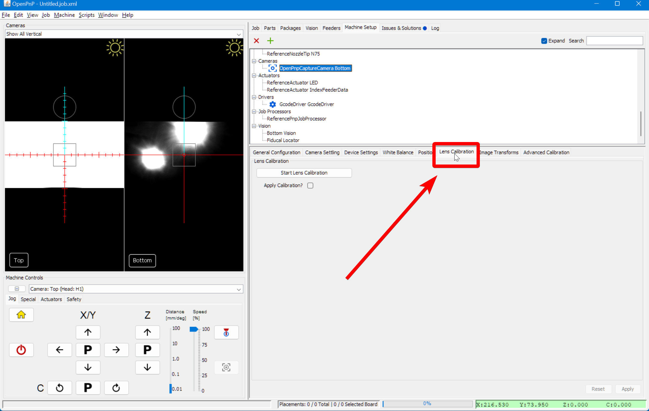 Switching to the lens calibration tab