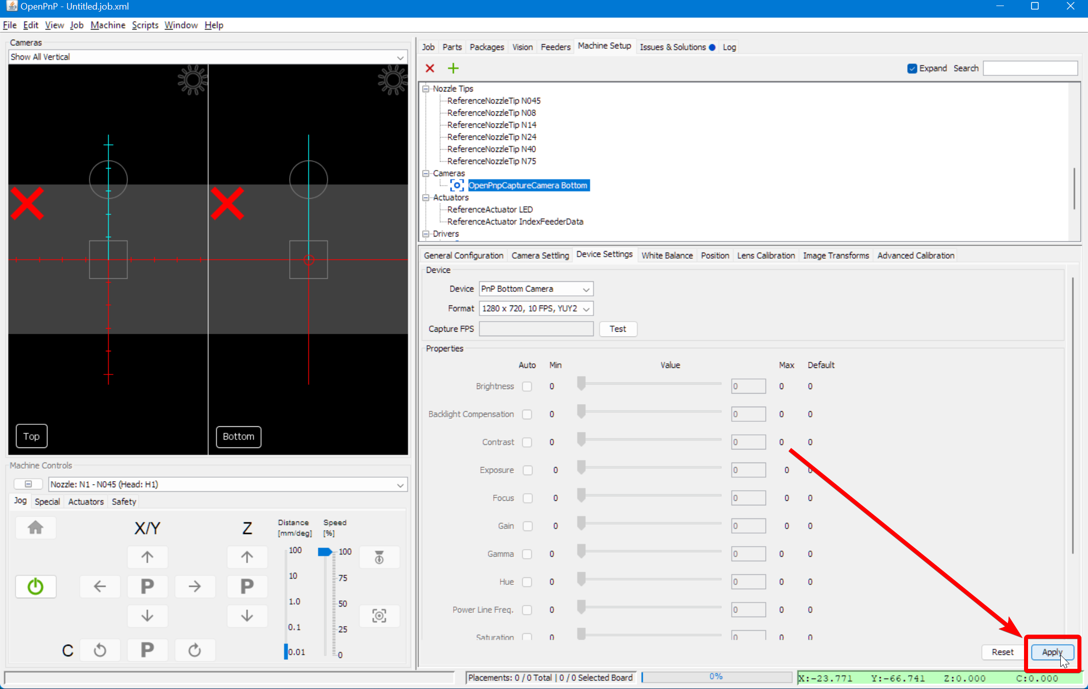 Saving changes to the Bottom Camera Config