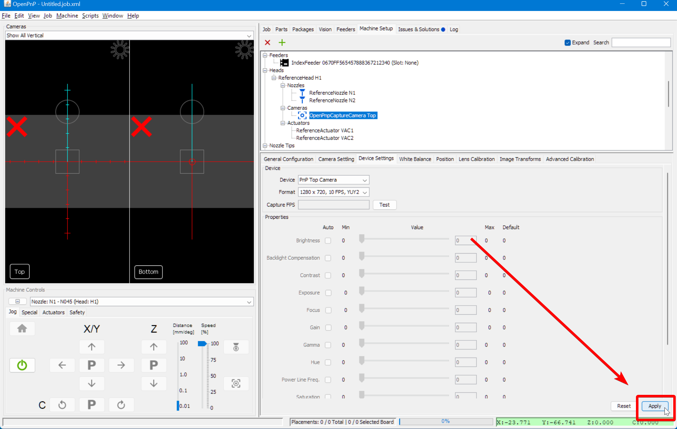 Saving changes to the Top Camera Config