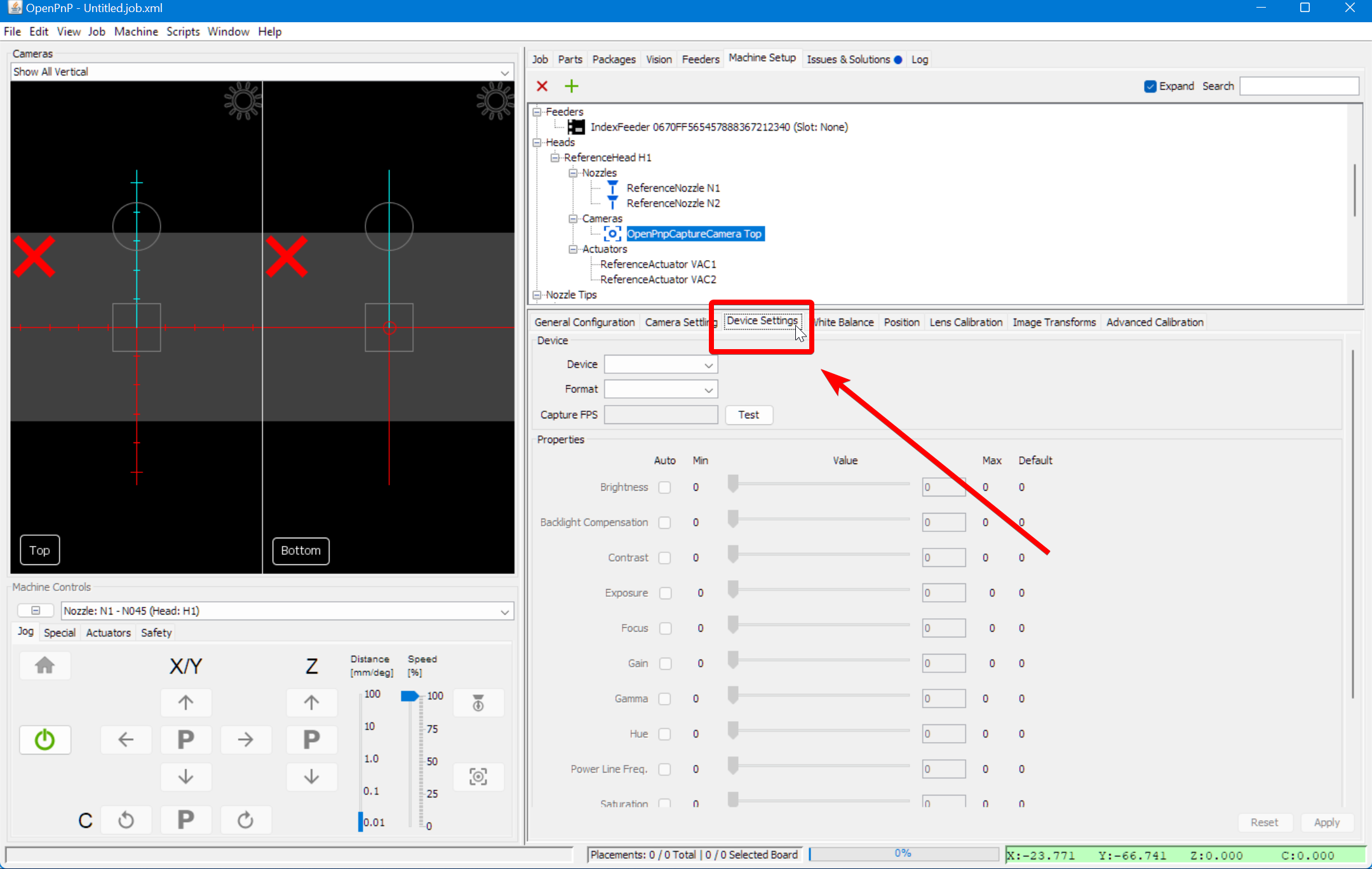 Switching to the camera device settings