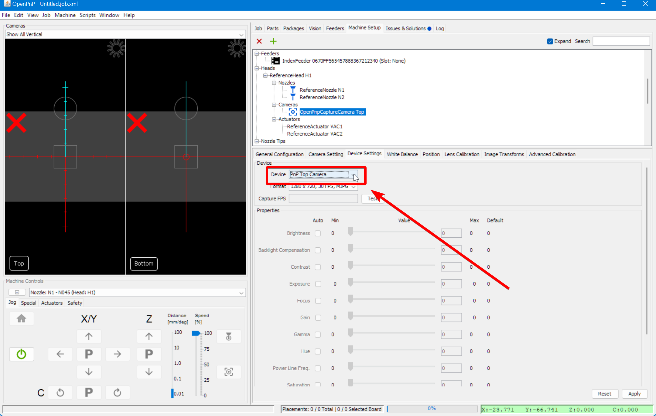 Selecting the correct device for the Bottom Camera