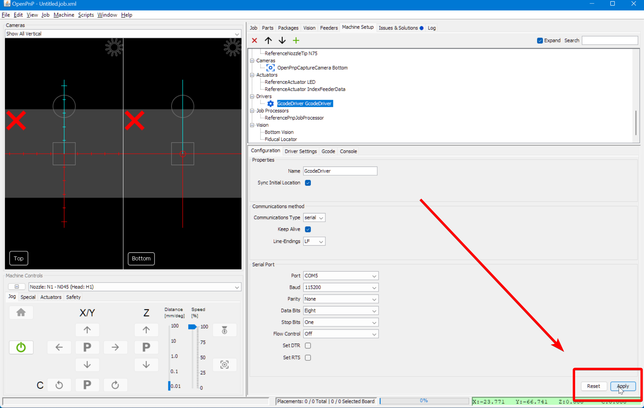 Apply baud rate and port