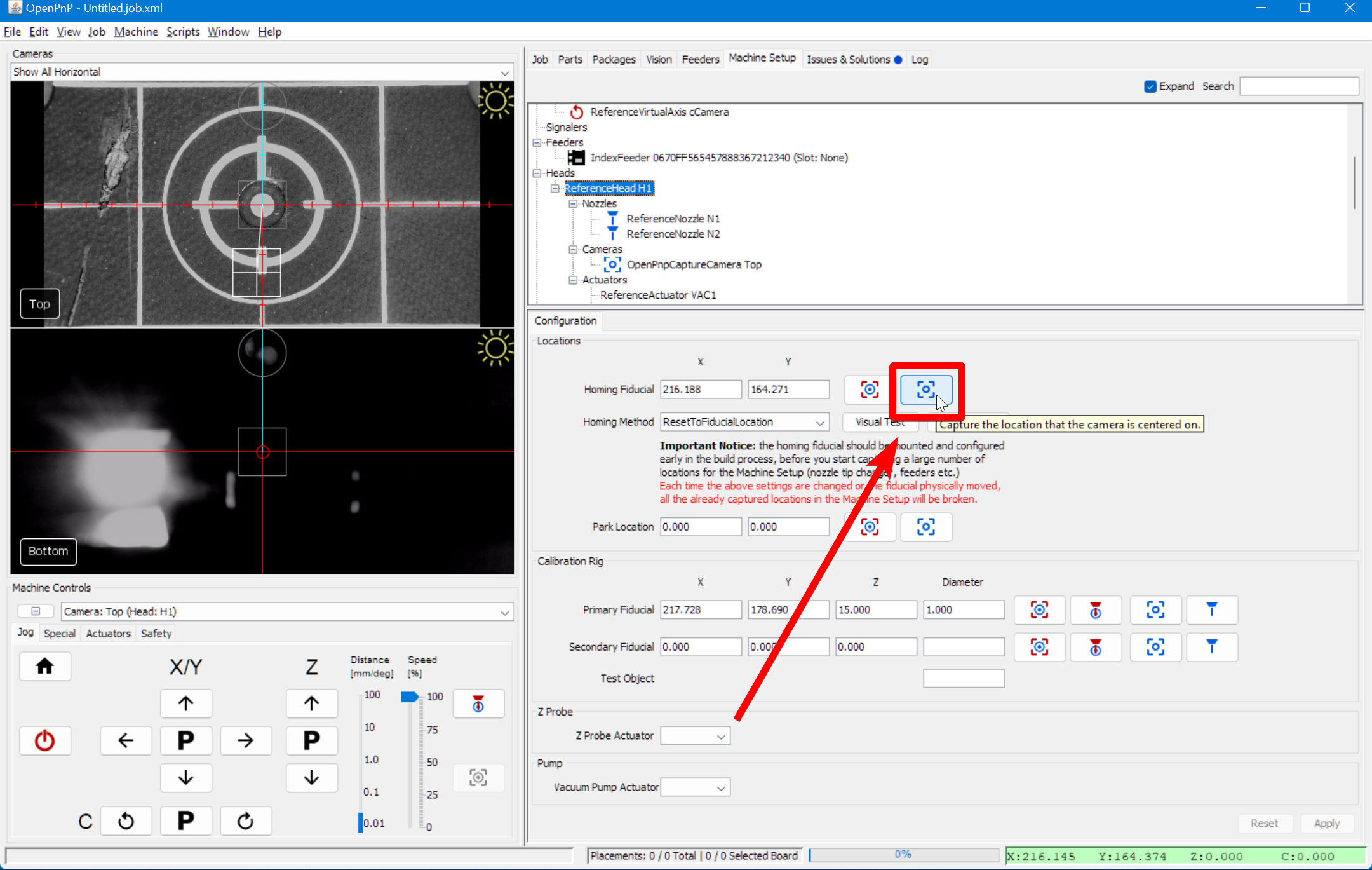 Capture the location of the homing fiducial