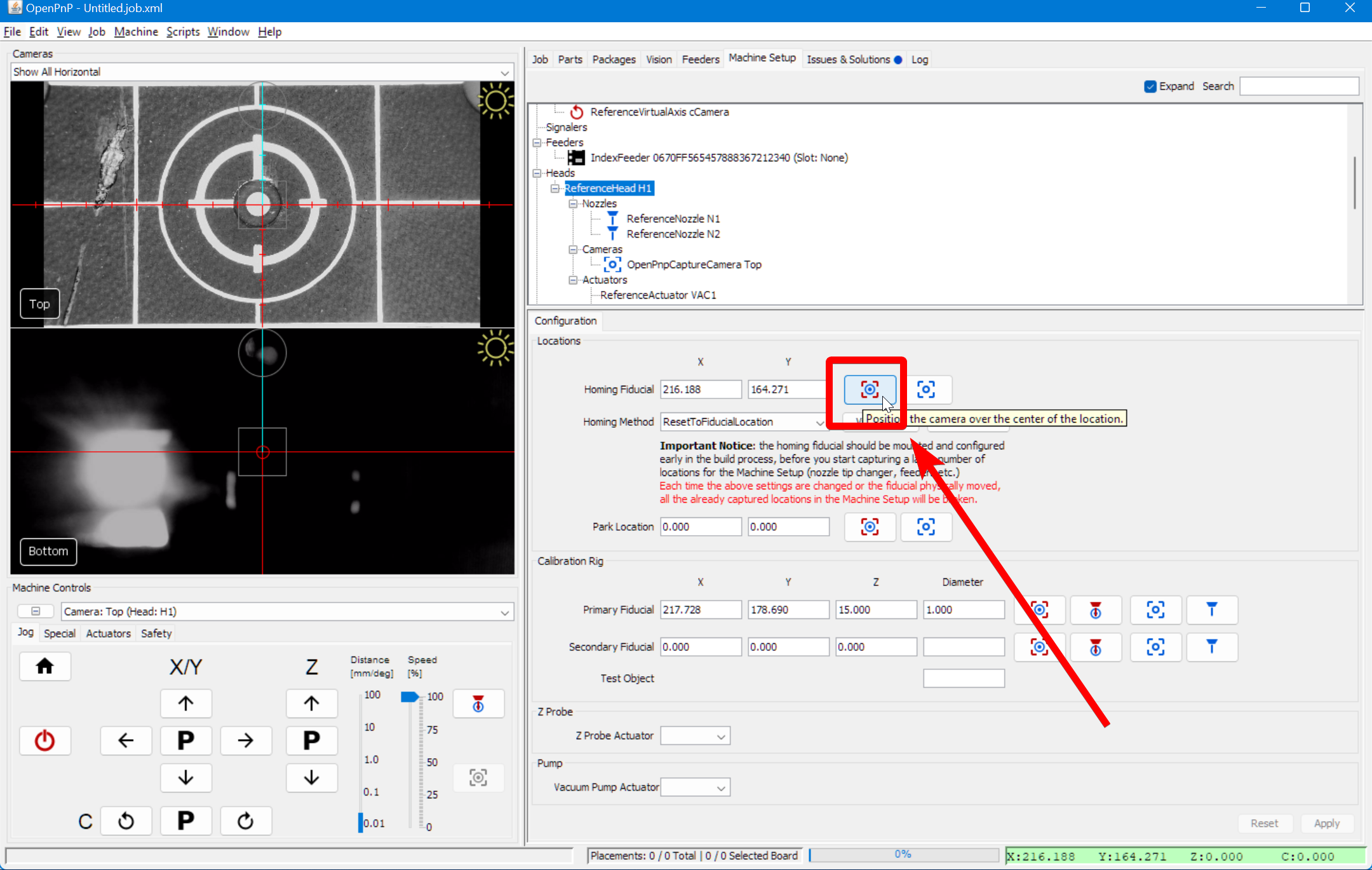 Position top camera over homing fiducial
