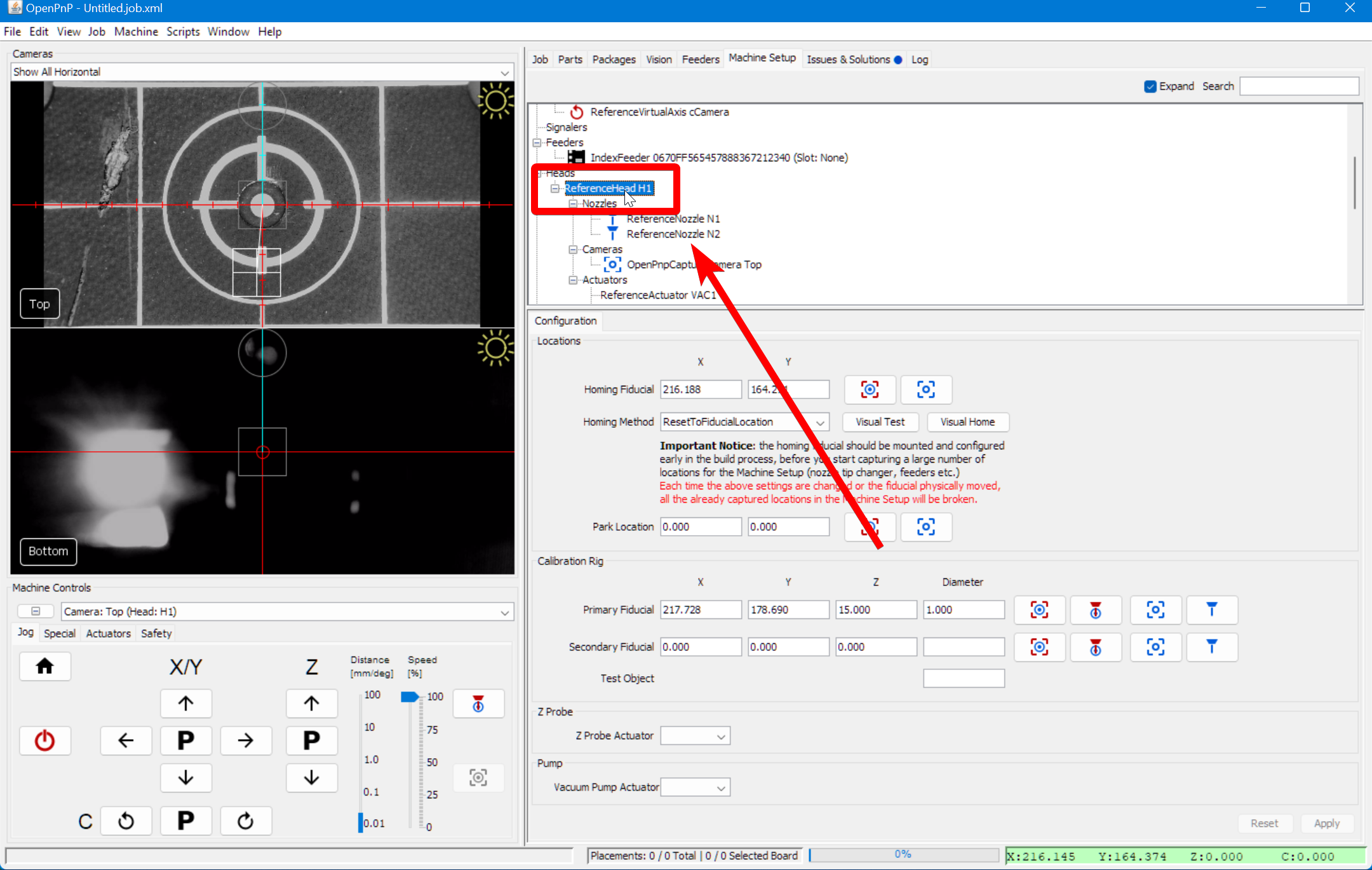 Return to the homing fiducial location settings