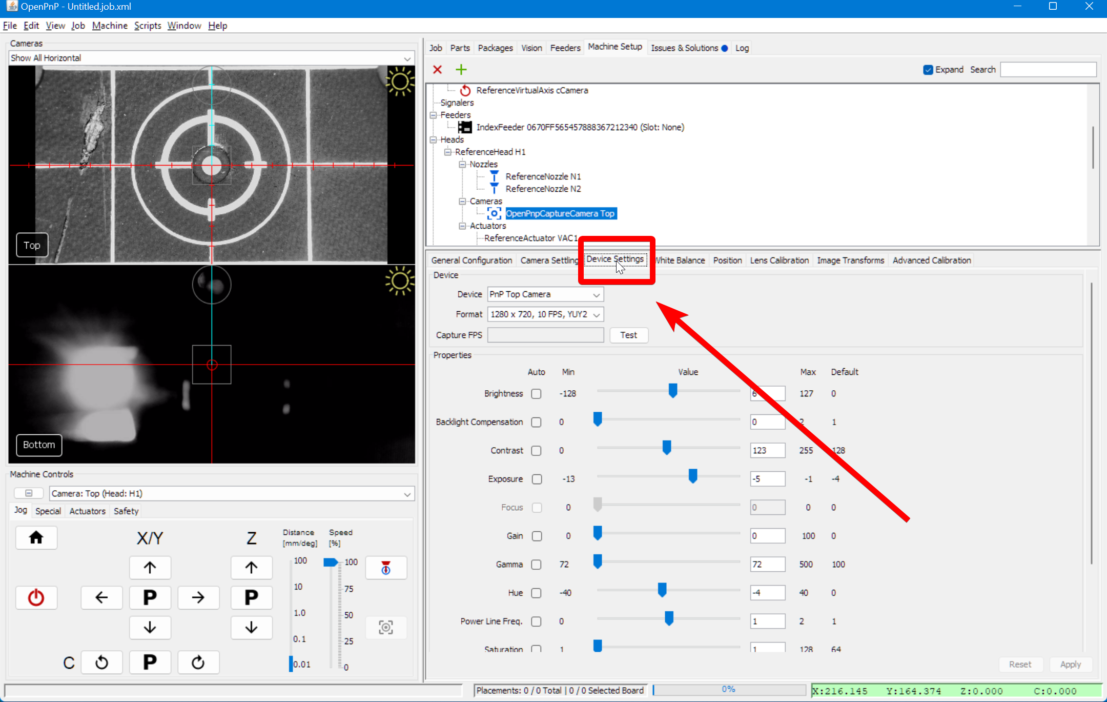 Switching to the camera device settings