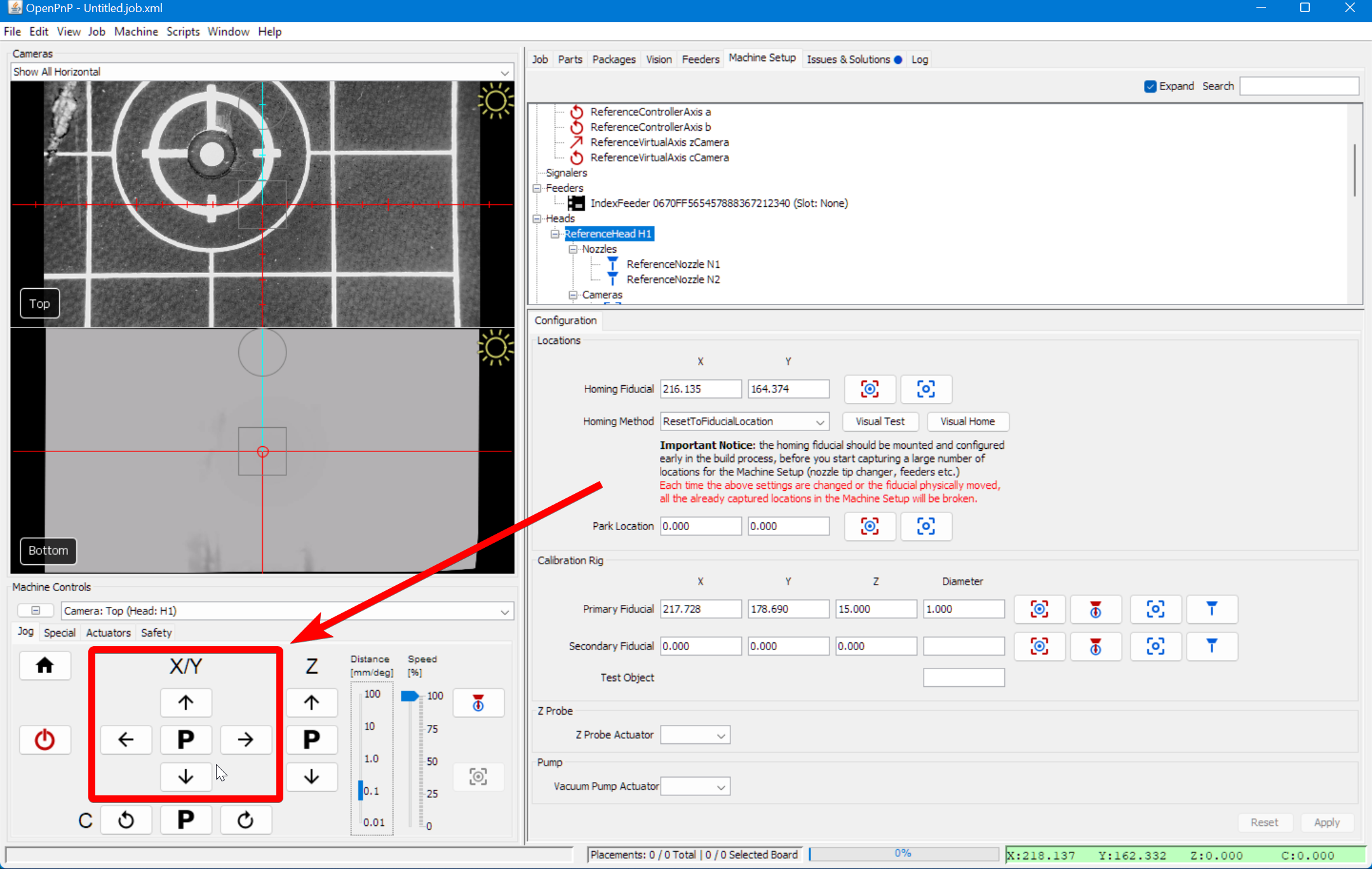 use the jog controls to move the machine