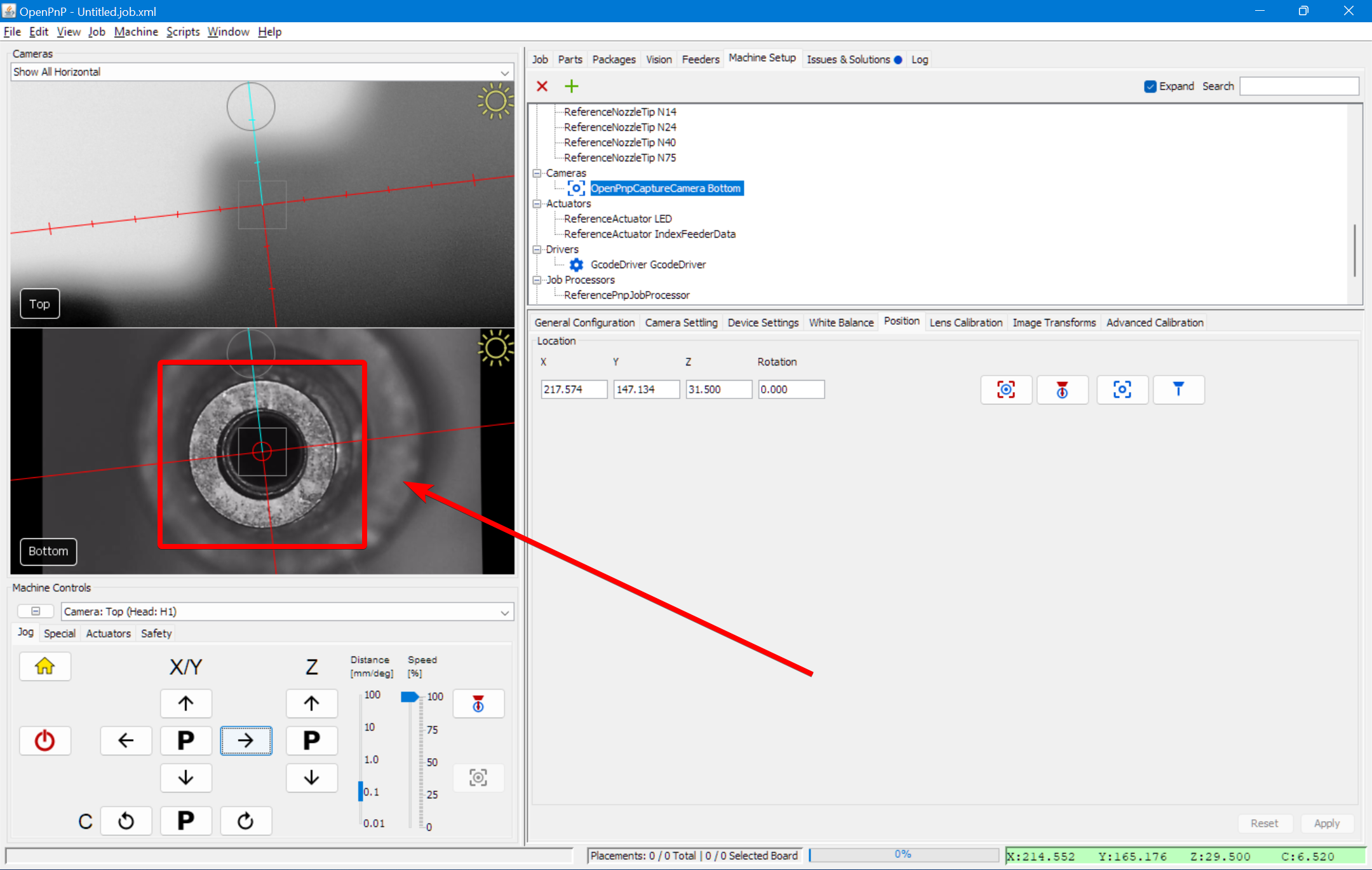 Jog the nozzle over the camera