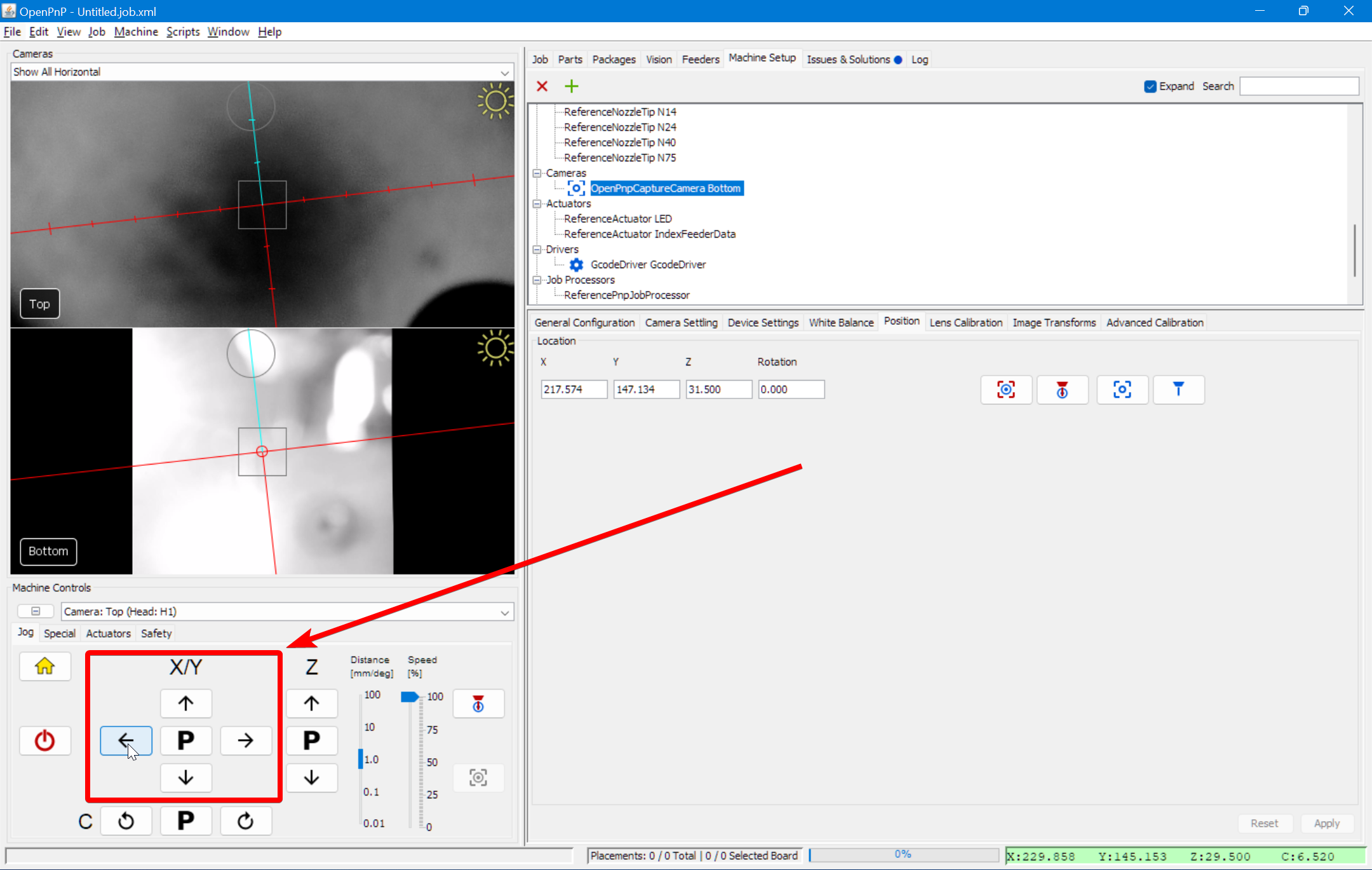 Jog the nozzle over the camera