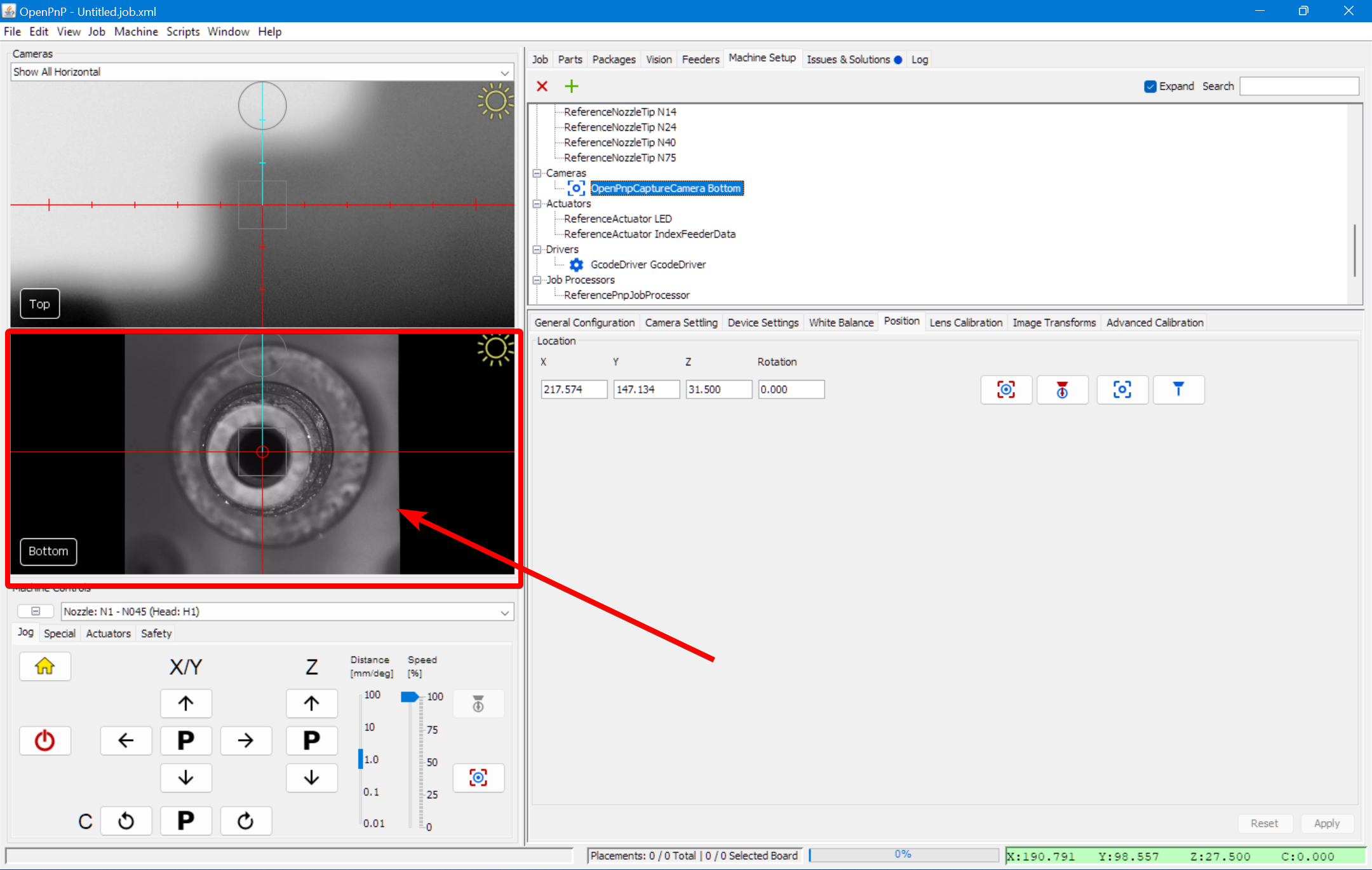 Jog the nozzle over the camera