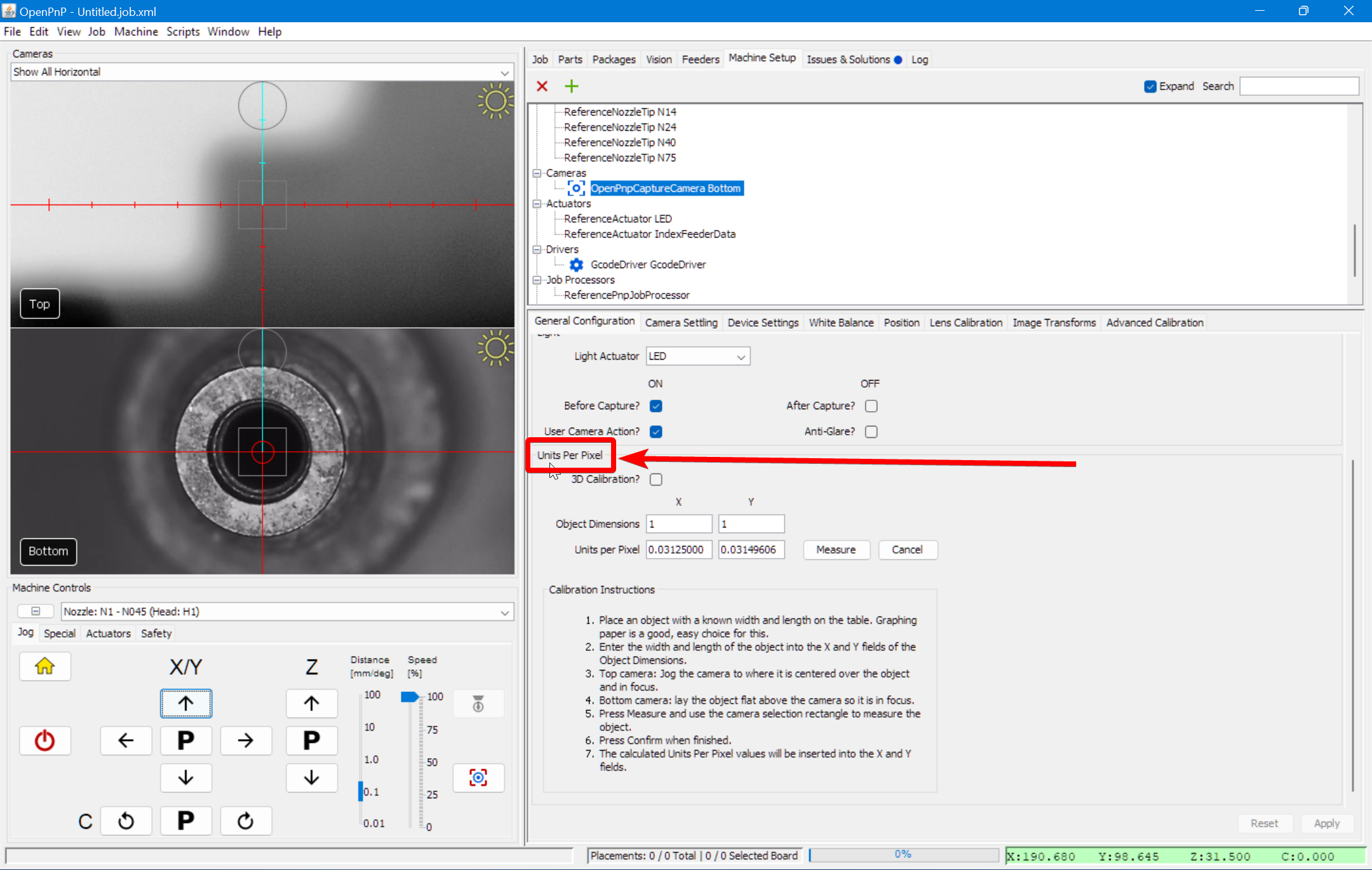 The bottom camera's units per pixel section