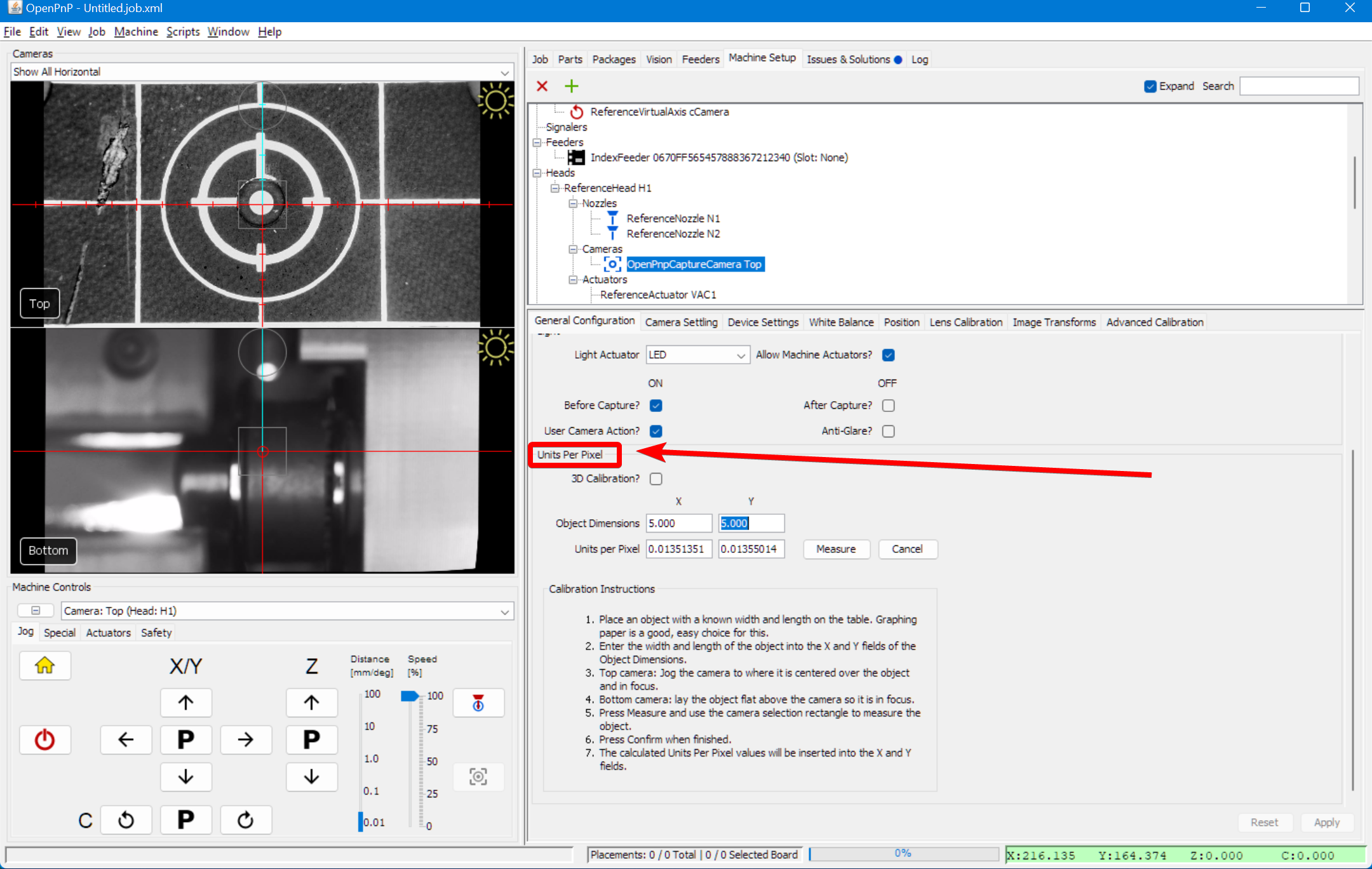 The top camera's units per pixel section