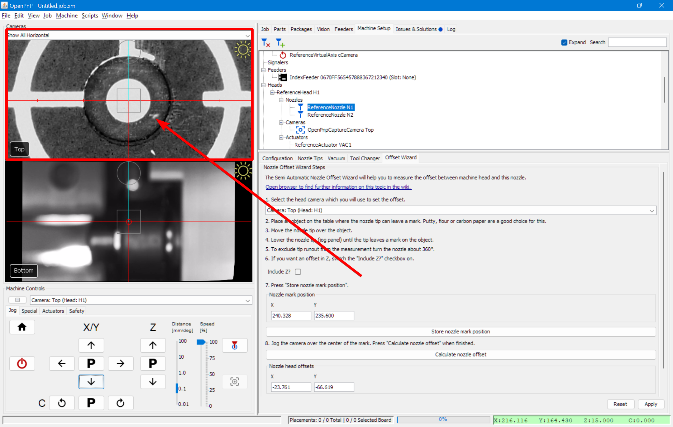 bring the top camera over the homing fiducial