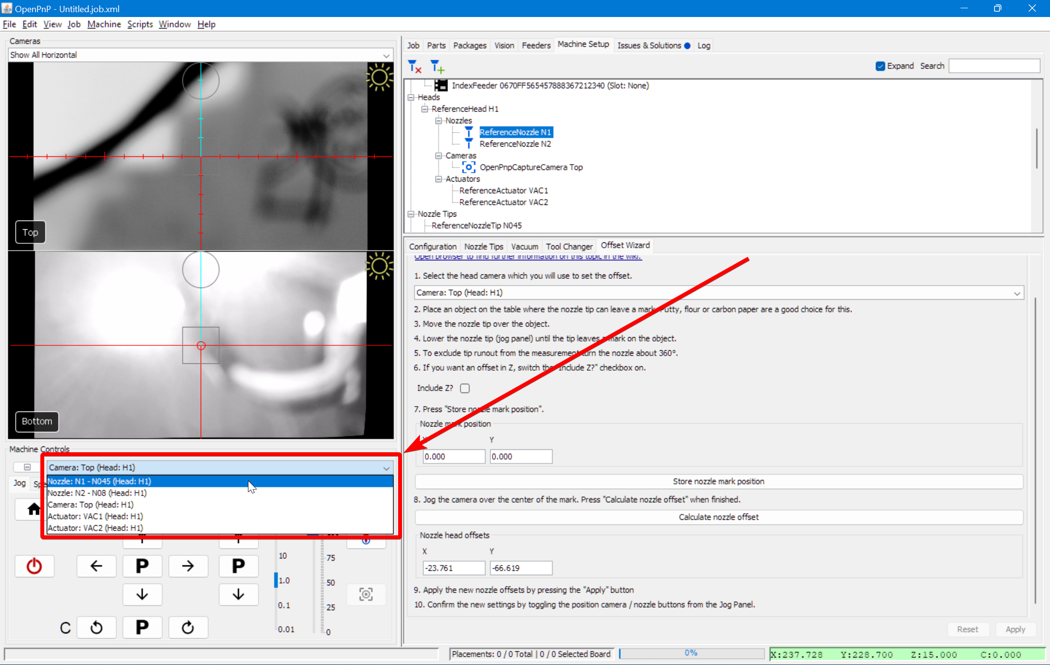 Select nozzle from machine control dropdown