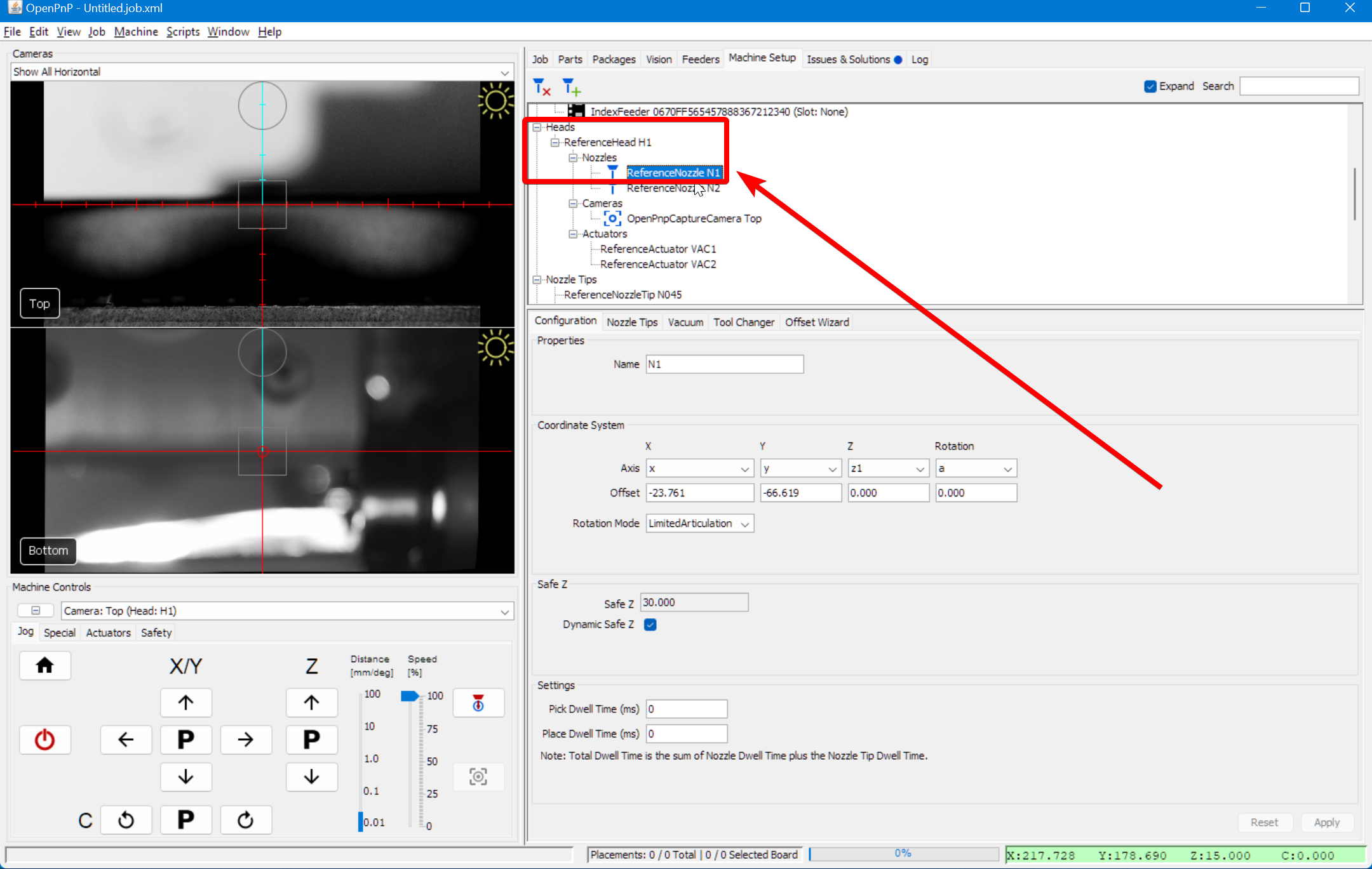 Open the Nozzle N1 settings