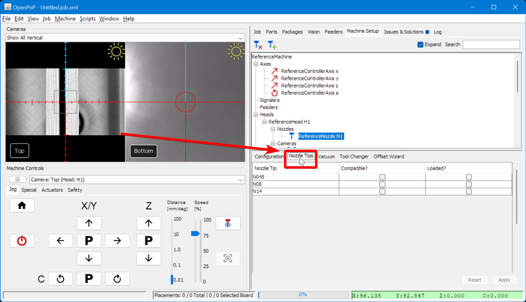 Switch to the nozzle tips tab