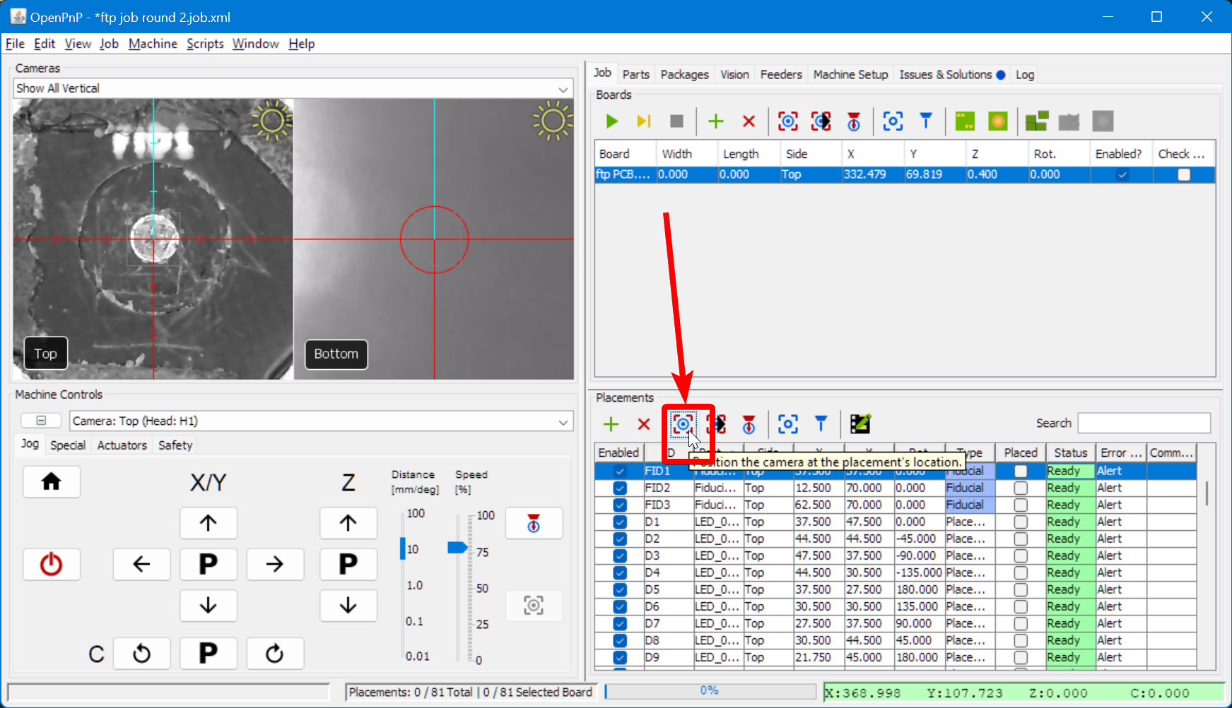 Move the top camera to one fiducial to check its location
